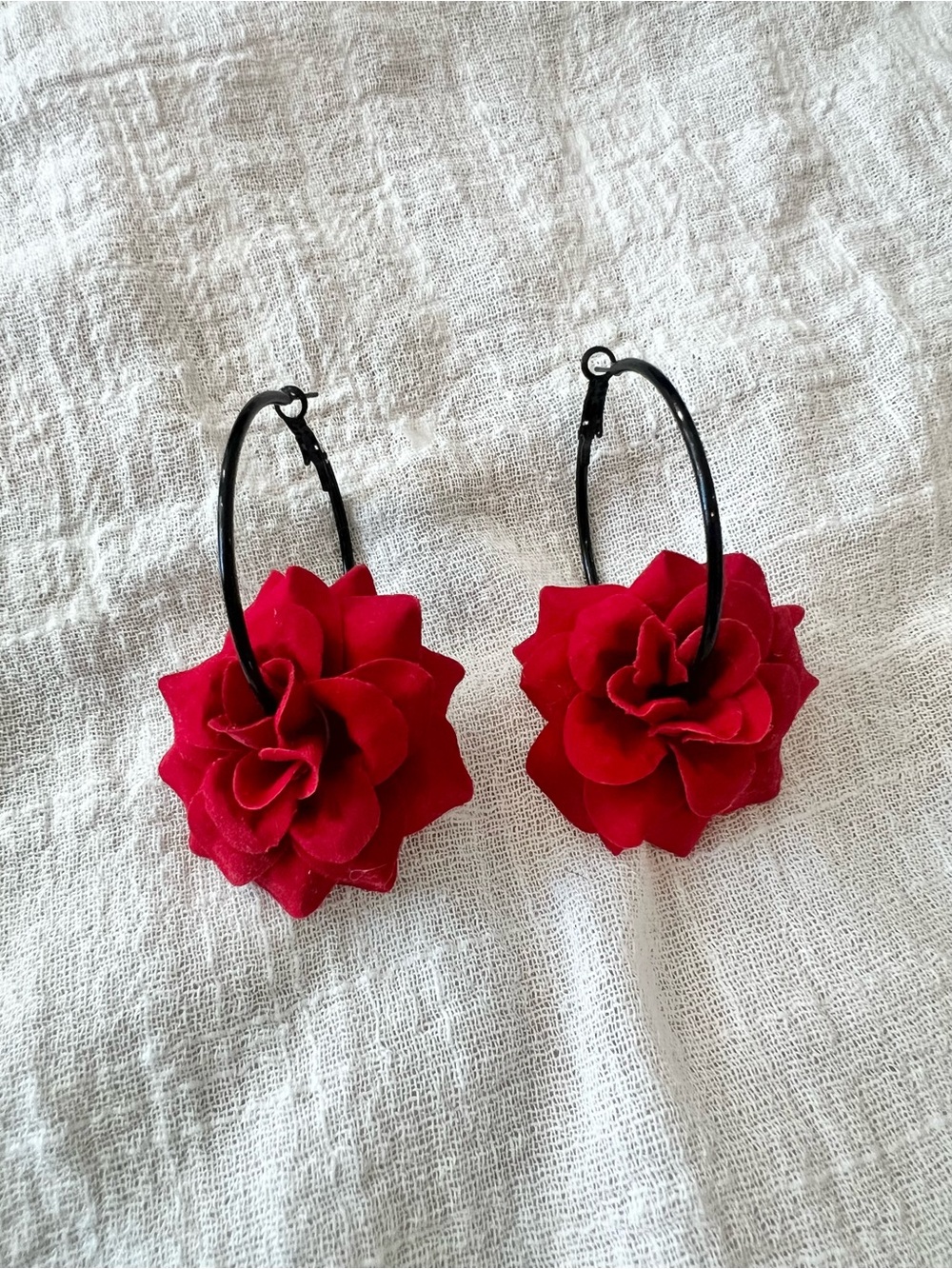 Red Flower Hoop Earrings - Women Jewelry